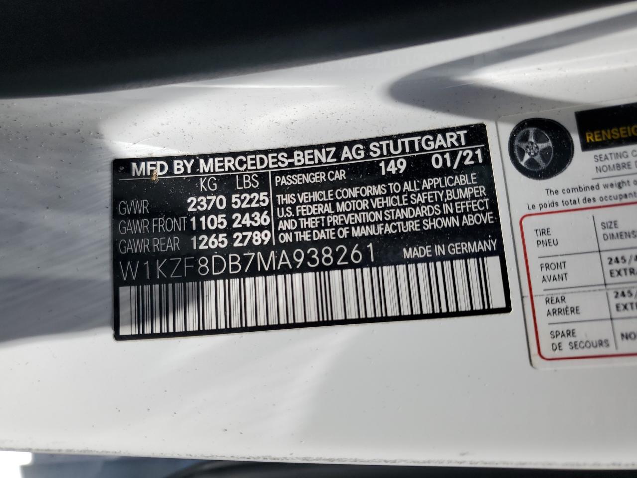 2021 Mercedes-Benz E 350 VIN: W1KZF8D81MA938261 Lot: 62785695