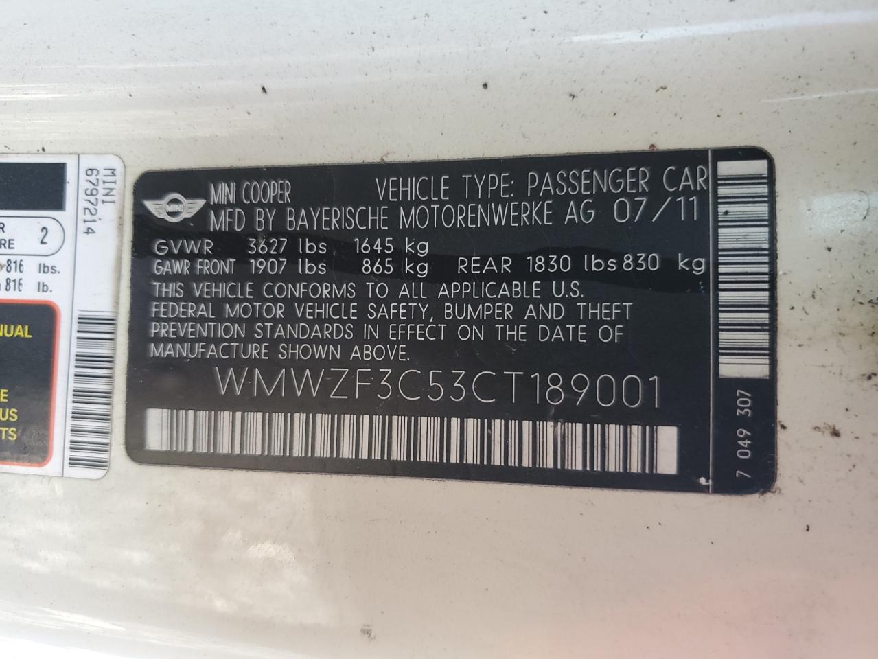 2012 Mini Cooper Clubman VIN: WMWZF3C53CT189001 Lot: 62316485