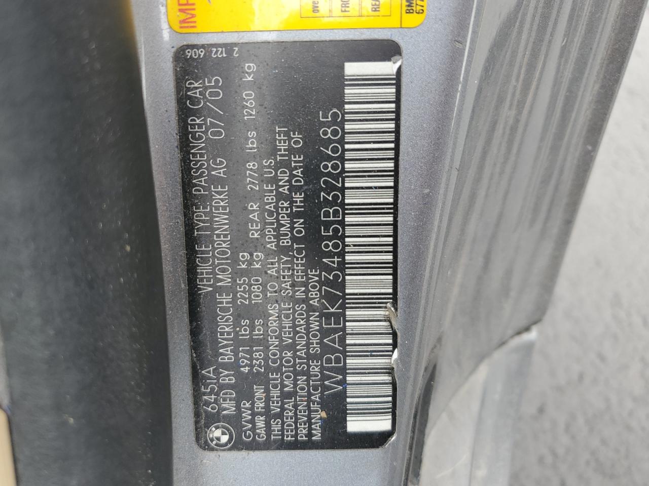 2005 BMW 645 Ci Automatic VIN: WBAEK73485B328685 Lot: 59631975