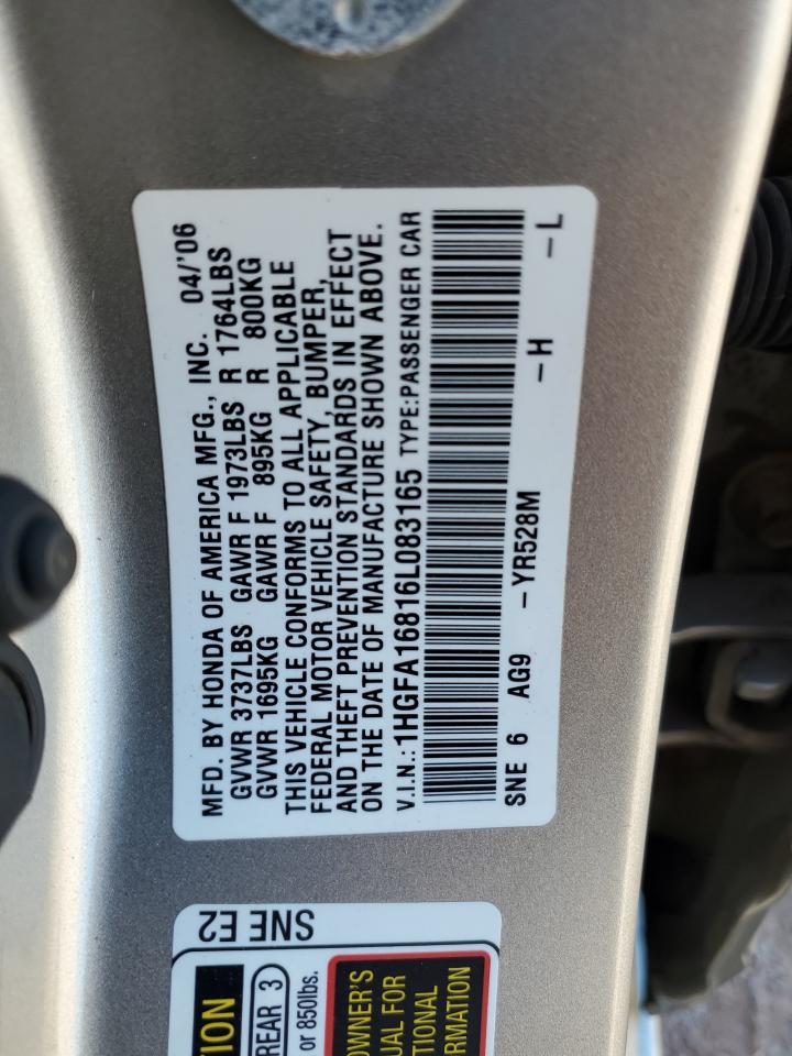 HONDA CIVIC 2006 VIN 1HGFA16816L083165 zdjęcie 12