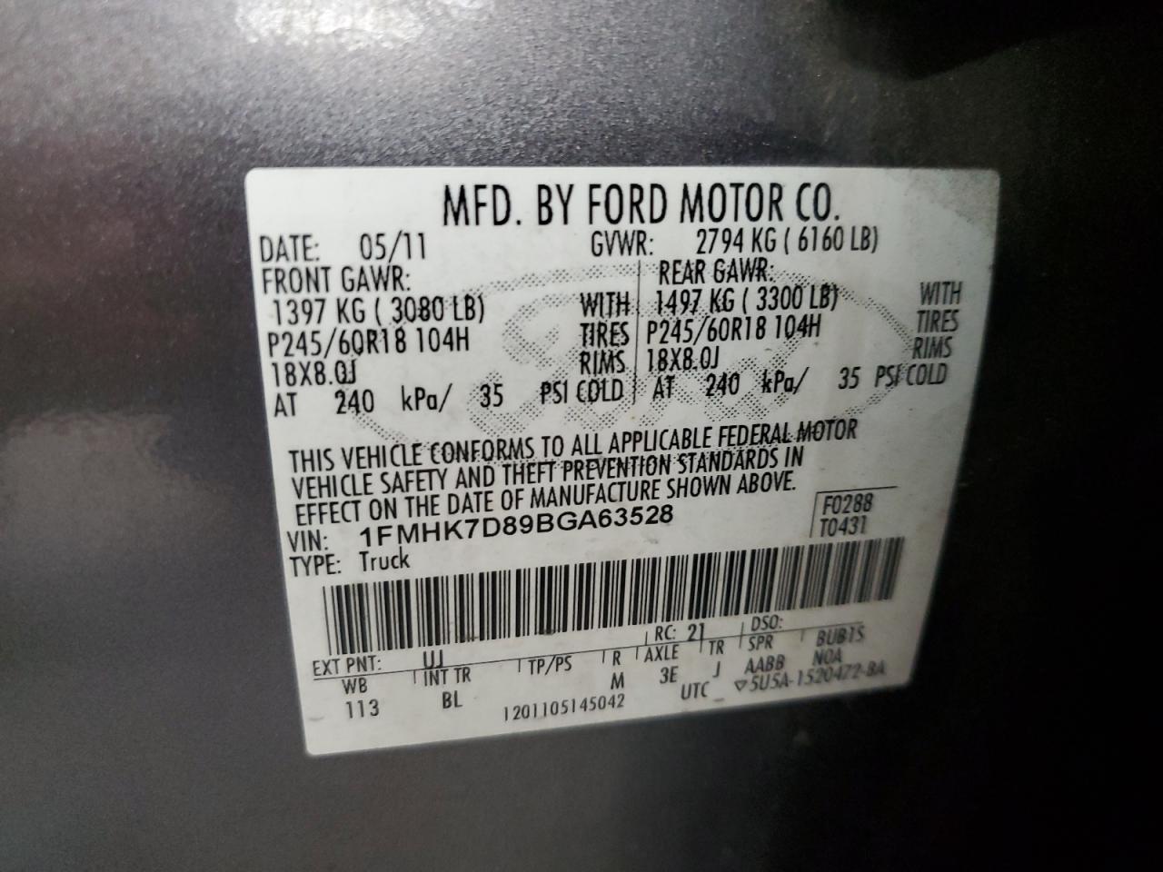 2011 Ford Explorer Xlt VIN: 1FMHK7D89BGA63528 Lot: 62889855