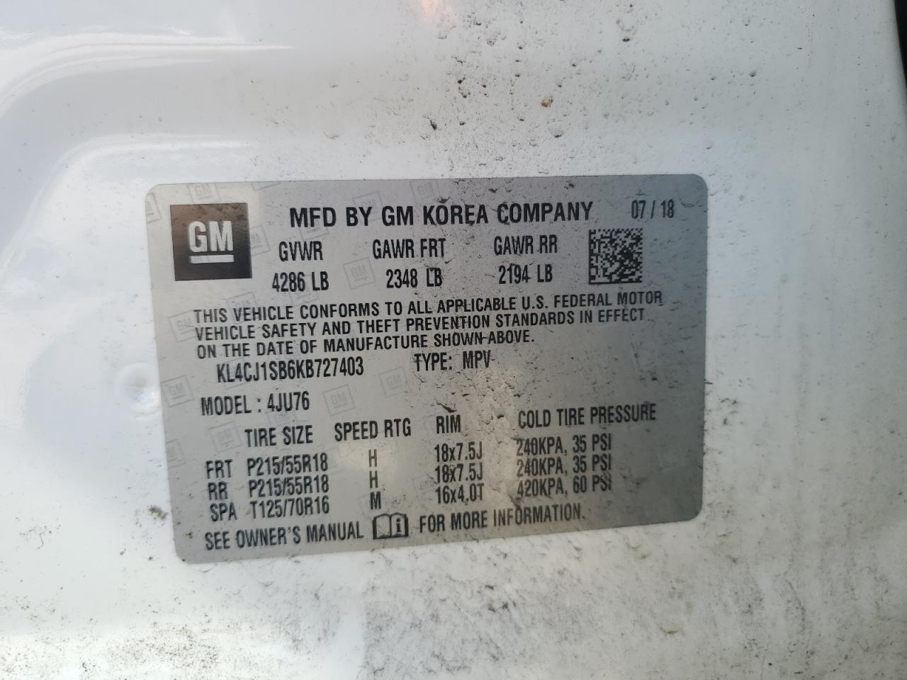 2019 Buick Encore Sport Touring VIN: KL4CJ1SB6KB727403 Lot: 61174695