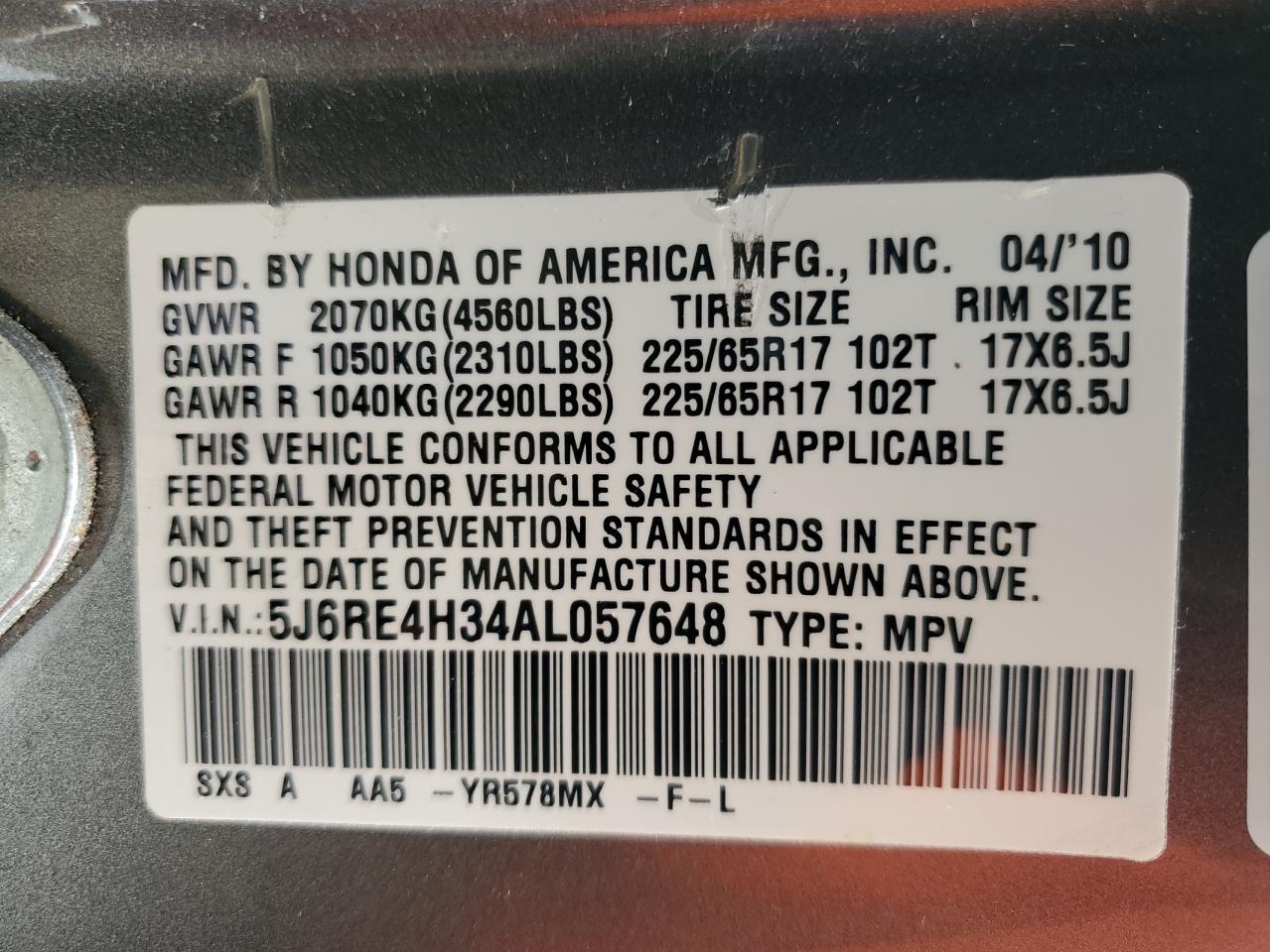 2010 Honda Cr-V Lx VIN: 5J6RE4H34AL057648 Lot: 62679515