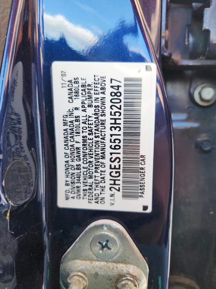 2003 Honda Civic Lx VIN: 2HGES16513H520847 Lot: 61230885