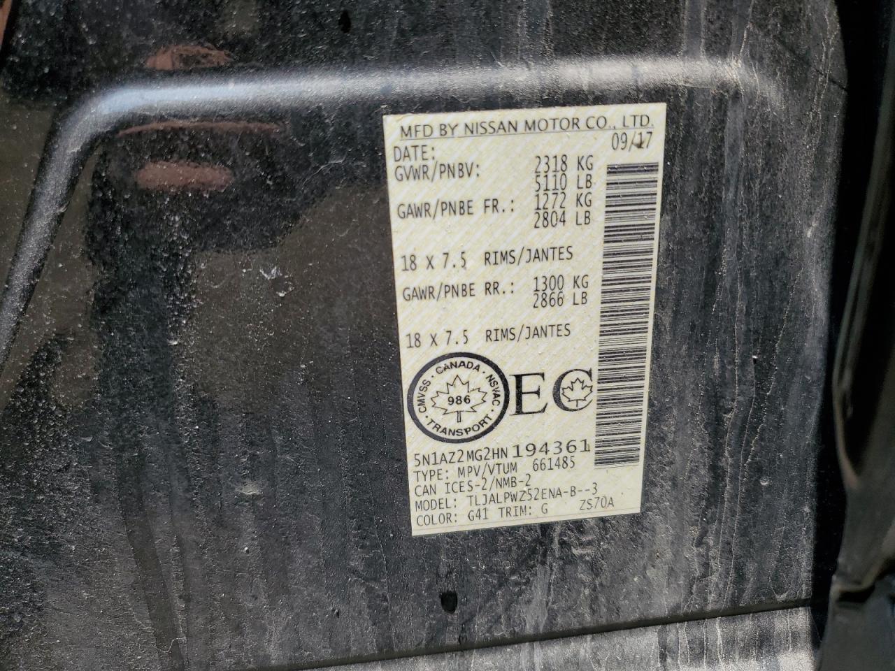 5N1AZ2MG2HN194361 NISSAN MURANO 2017