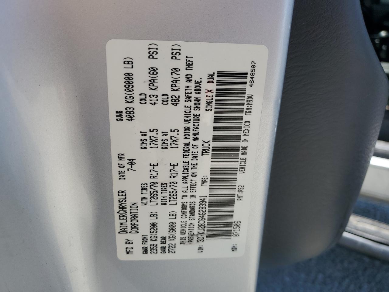 2004 Dodge Ram 2500 St VIN: 3D7KU28C64G283941 Lot: 62823175