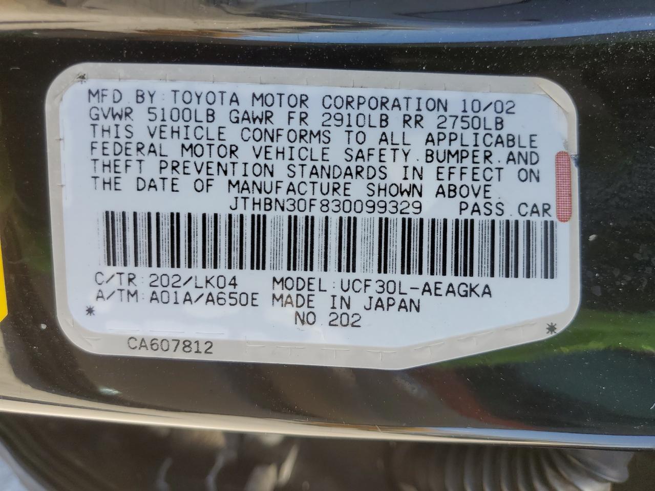 2003 Lexus Ls 430 VIN: JTHBN30F830099329 Lot: 61508635
