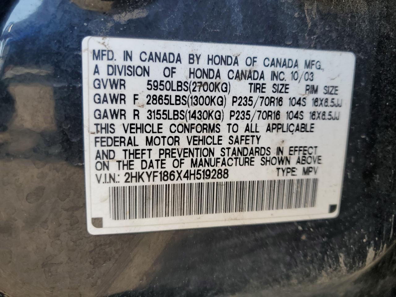 2004 Honda Pilot Exl VIN: 2HKYF186X4H519288 Lot: 61423465