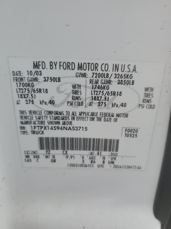 2004 Ford F150 VIN: 1FTPX14594NA53715 Lot: 62613885