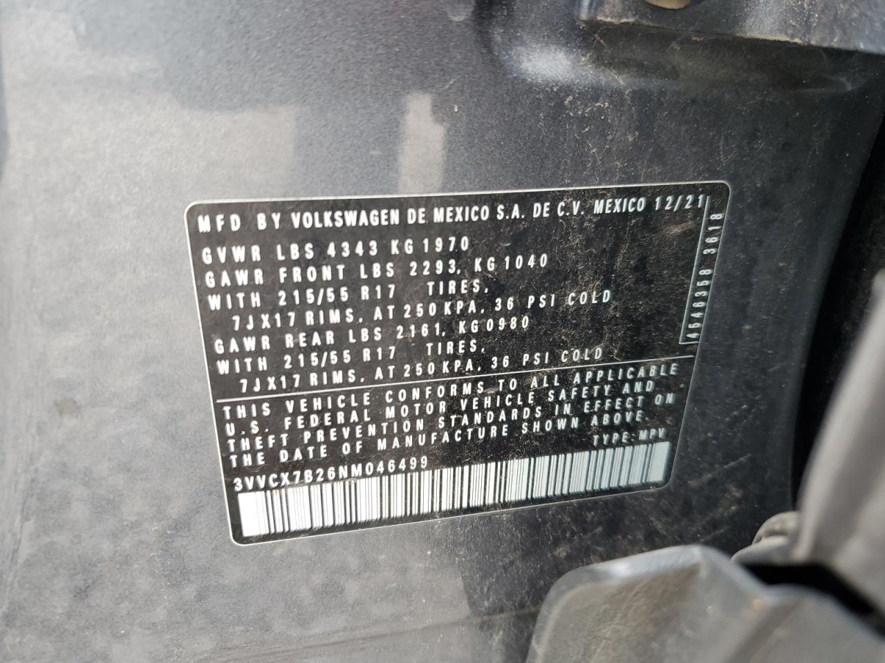 2022 Volkswagen Taos S VIN: 3VVCX7B26NM046499 Lot: 58570405