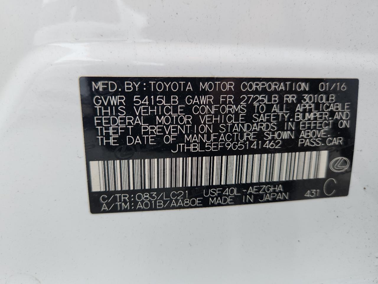 2016 Lexus Ls 460 VIN: JTHBL5EF9G5141462 Lot: 59148345
