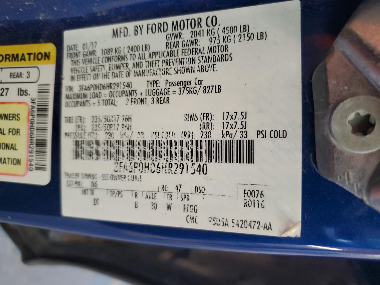 2017 Ford Fusion Se VIN: 3FA6P0HD6HR291540 Lot: 62128655