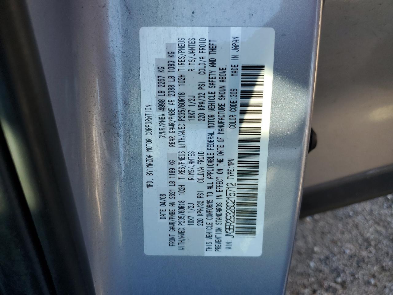 2008 Mazda Cx-7 VIN: JM3ER293280215712 Lot: 62408555