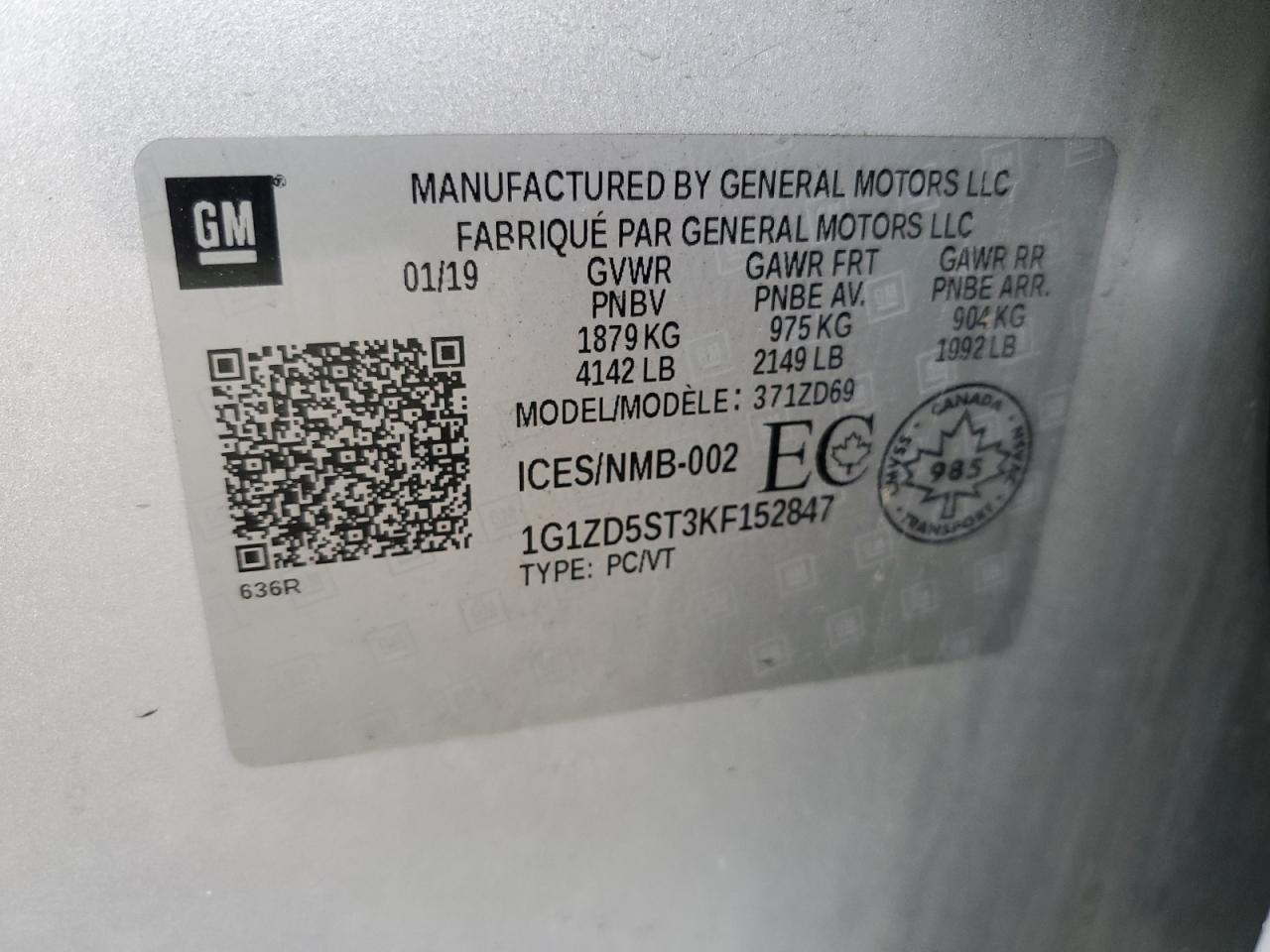 2019 Chevrolet Malibu Lt VIN: 1G1ZD5ST3KF152847 Lot: 61710695