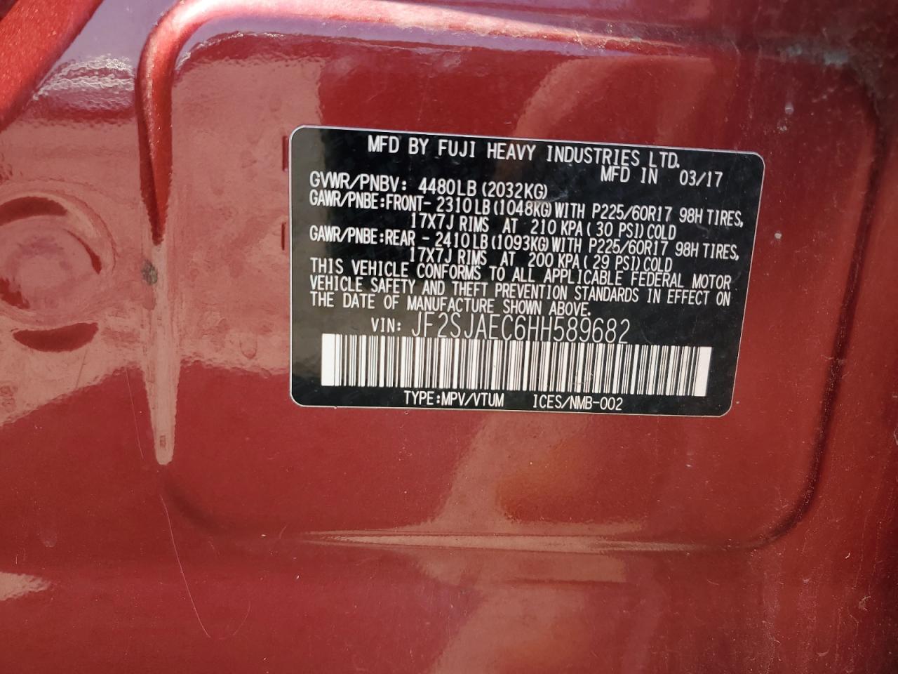 2017 Subaru Forester 2.5I Premium VIN: JF2SJAEC6HH589682 Lot: 61972495