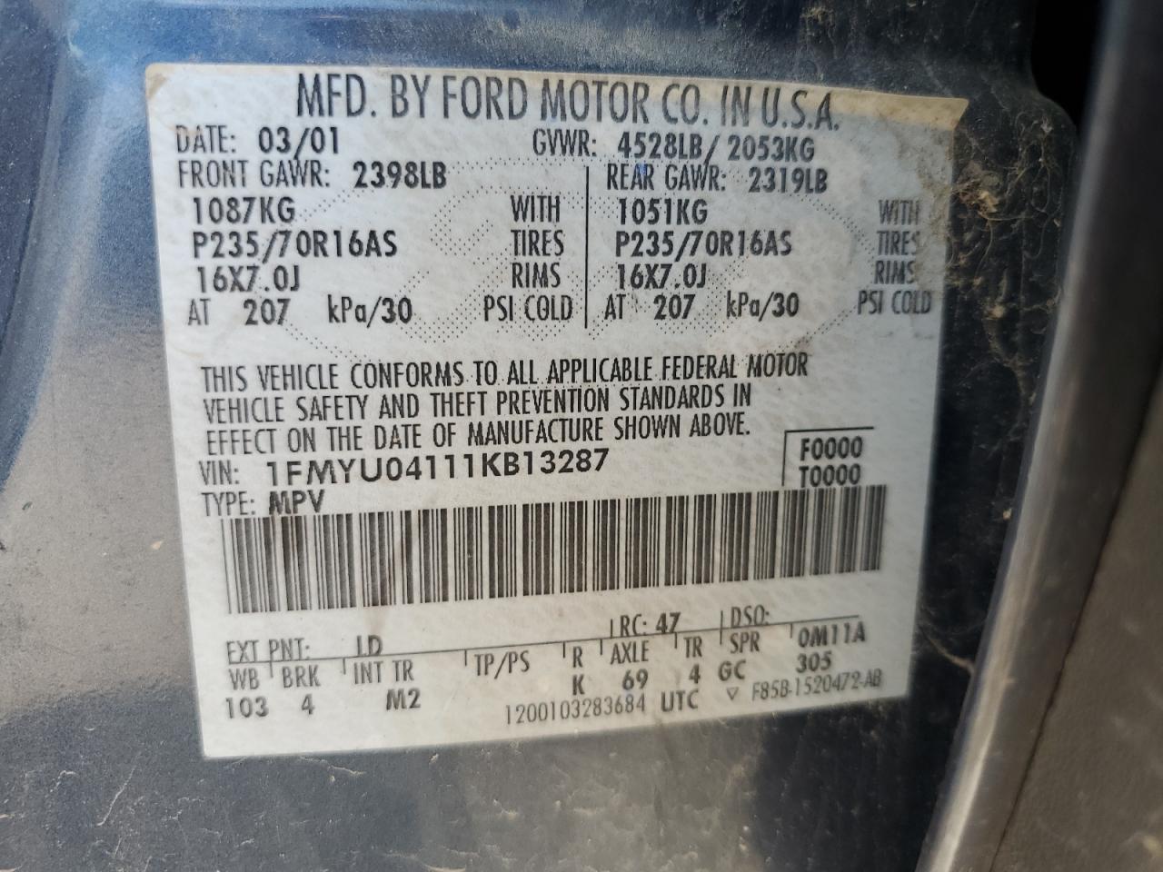 2001 Ford Escape Xlt VIN: 1FMYU04111KB13287 Lot: 62183415