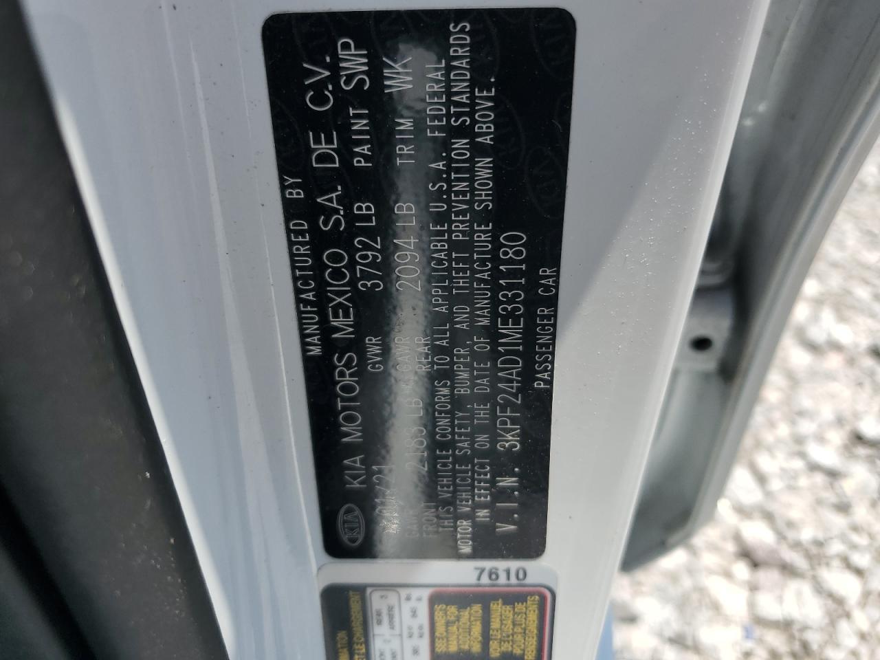 2021 Kia Forte Fe VIN: 3KPF24AD1ME331180 Lot: 62152125