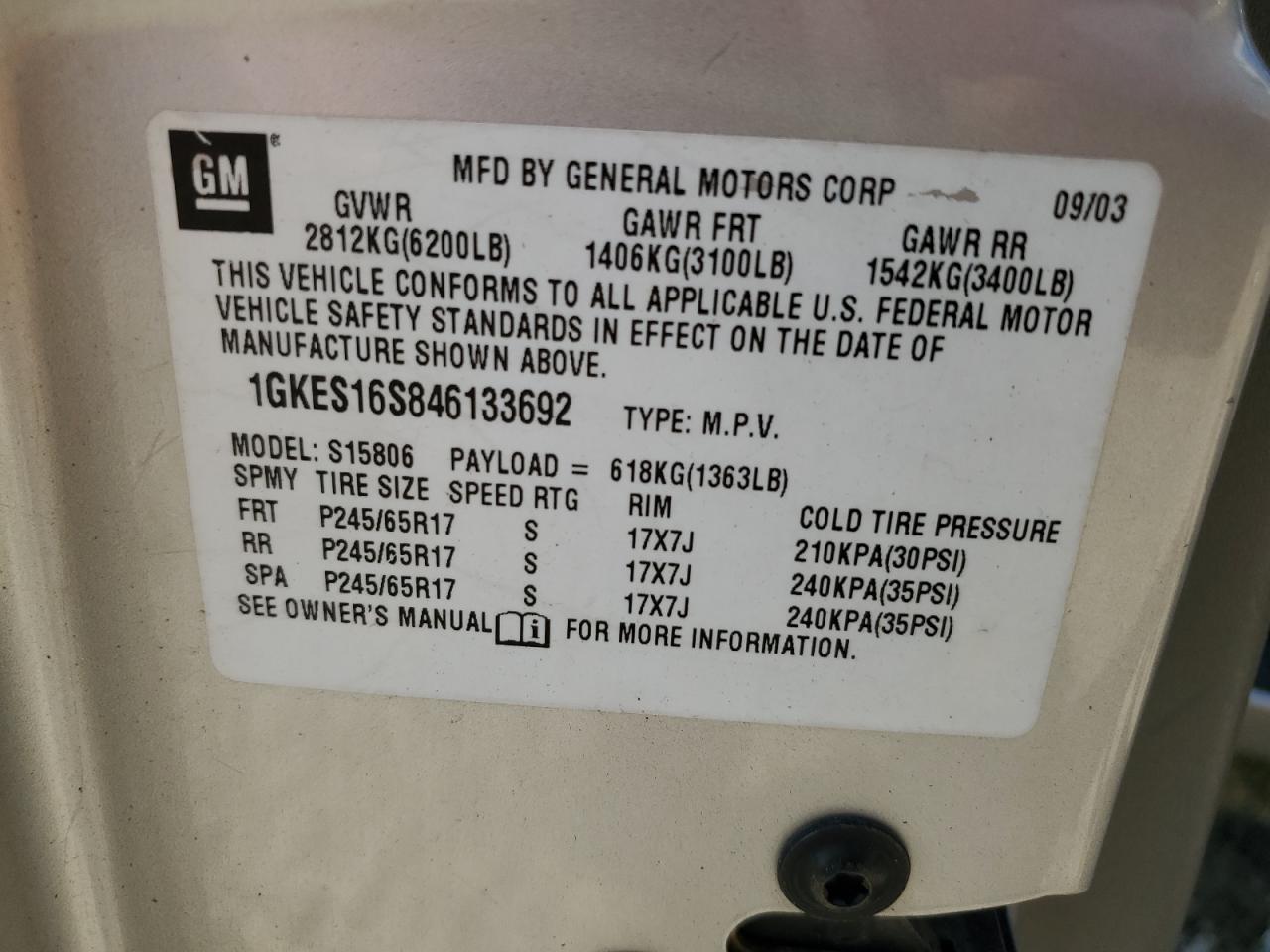 2004 GMC Envoy Xl VIN: 1GKES16S846133692 Lot: 61975115