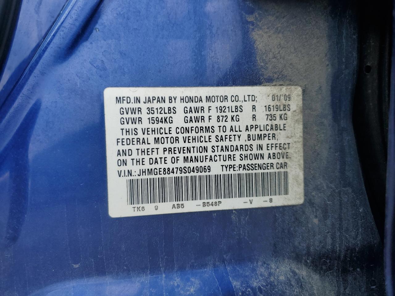 2009 Honda Fit Sport VIN: JHMGE88479S049069 Lot: 62668995