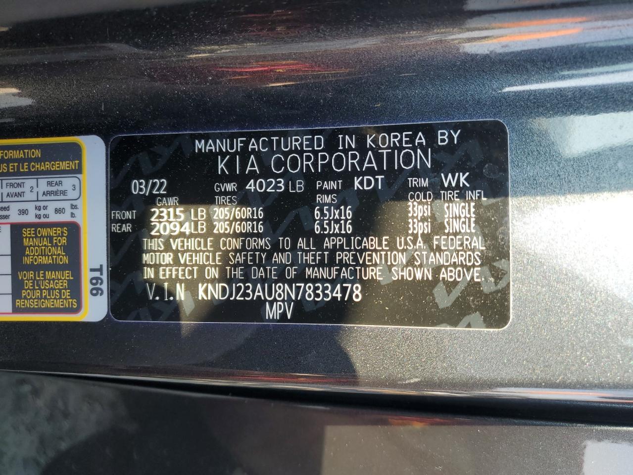 2022 Kia Soul Lx VIN: KNDJ23AU8N7833478 Lot: 61662445