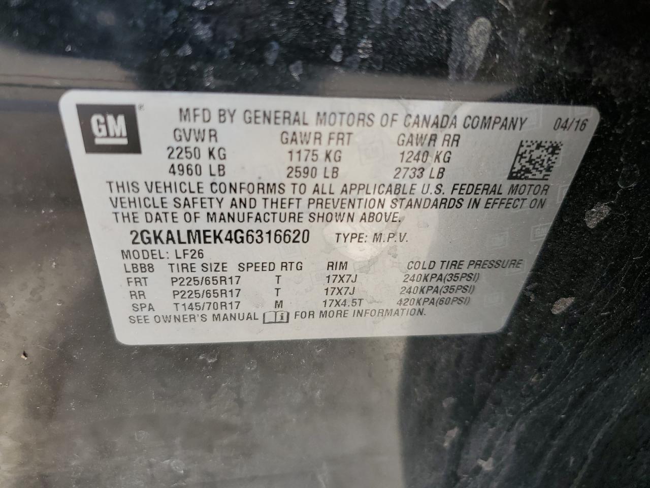 2016 GMC Terrain Sle VIN: 2GKALMEK4G6316620 Lot: 62709605