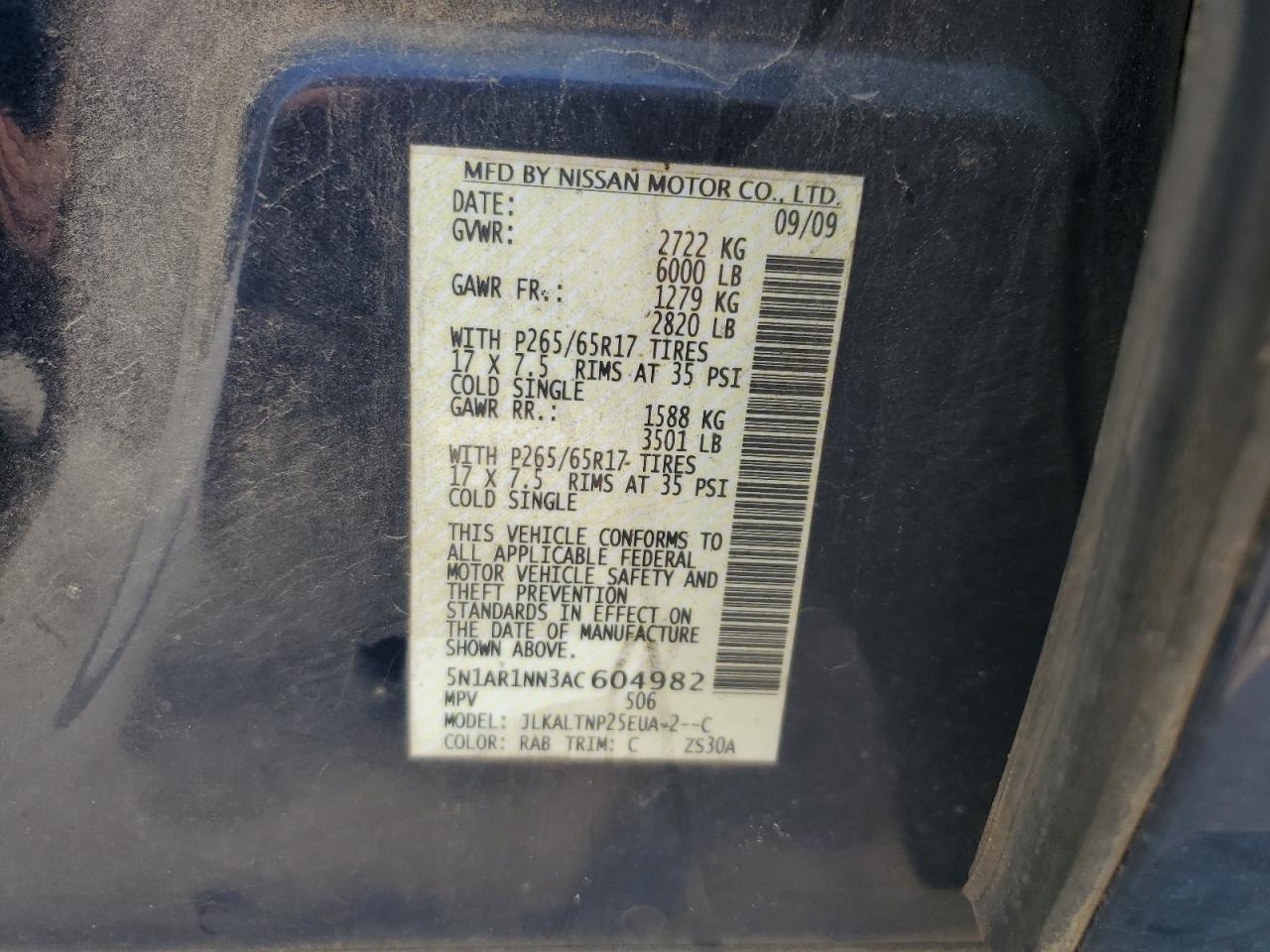 2010 Nissan Pathfinder S VIN: 5N1AR1NN3AC604982 Lot: 62890605