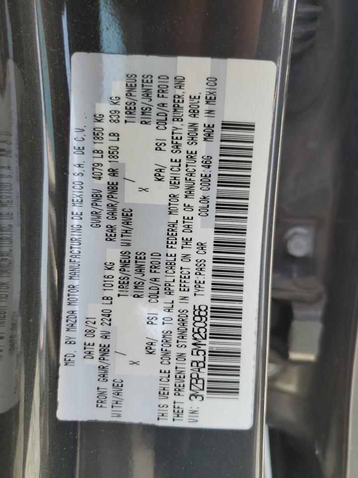 2021 Mazda 3 Select VIN: 3MZBPABL5MM250965 Lot: 59203605