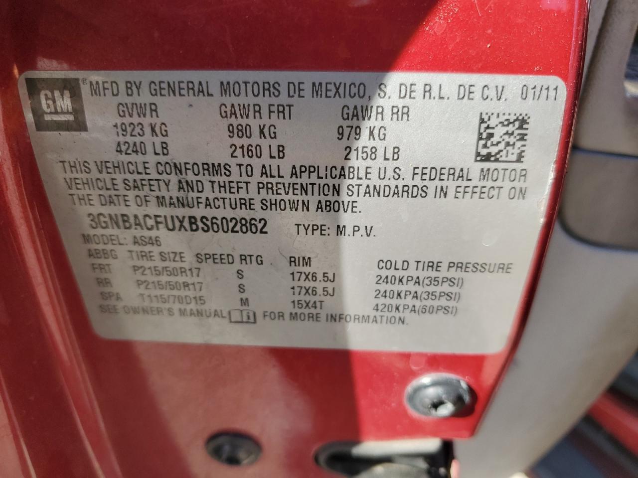 3gnbacfuxbs602862 3GNBACFUXBS602862 2011 Chevrolet Hhr Lt