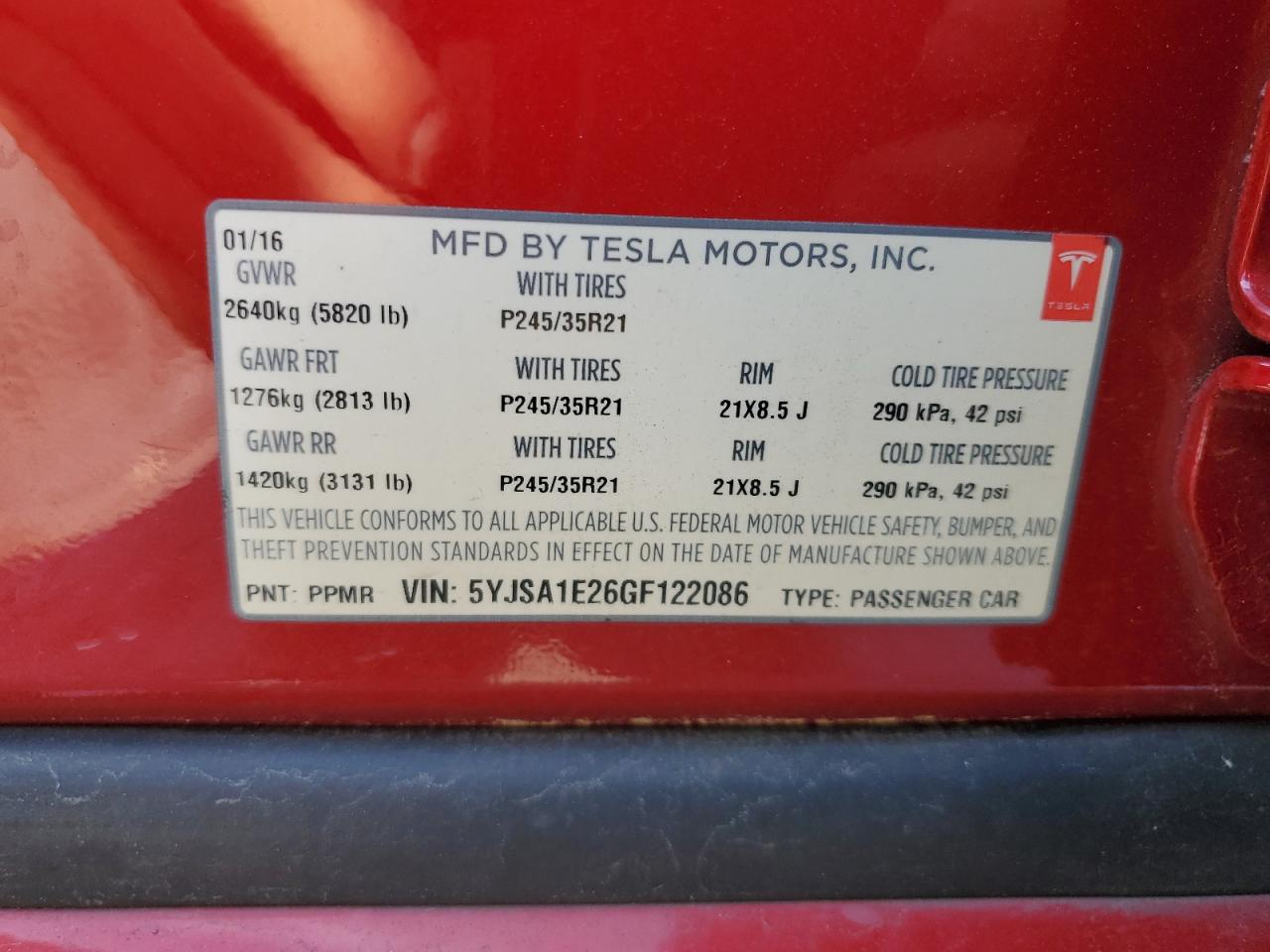 2016 Tesla Model S VIN: 5YJSA1E26GF122086 Lot: 62840525