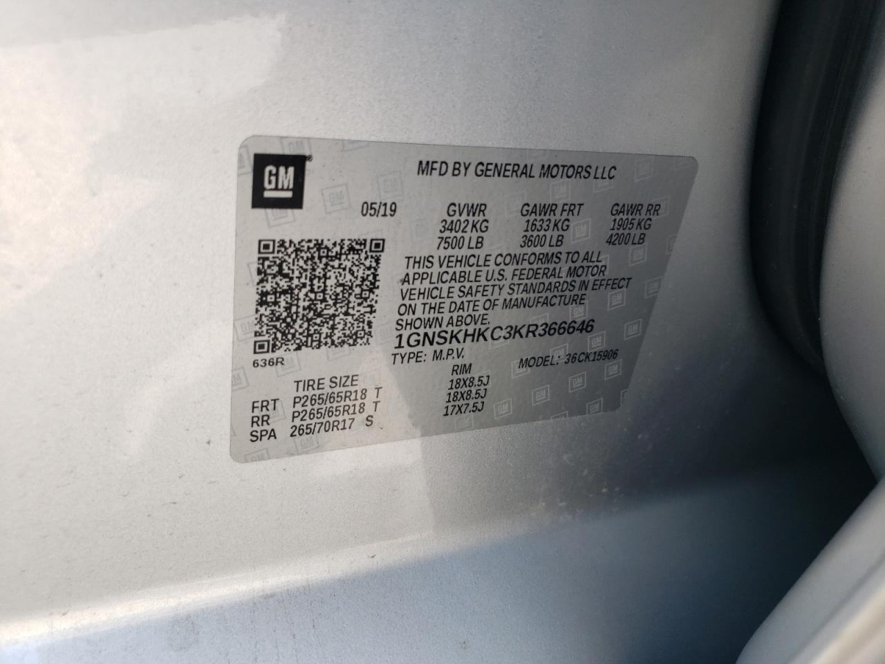 2019 Chevrolet Suburban K1500 Lt VIN: 1GNSKHKC3KR366646 Lot: 62834825