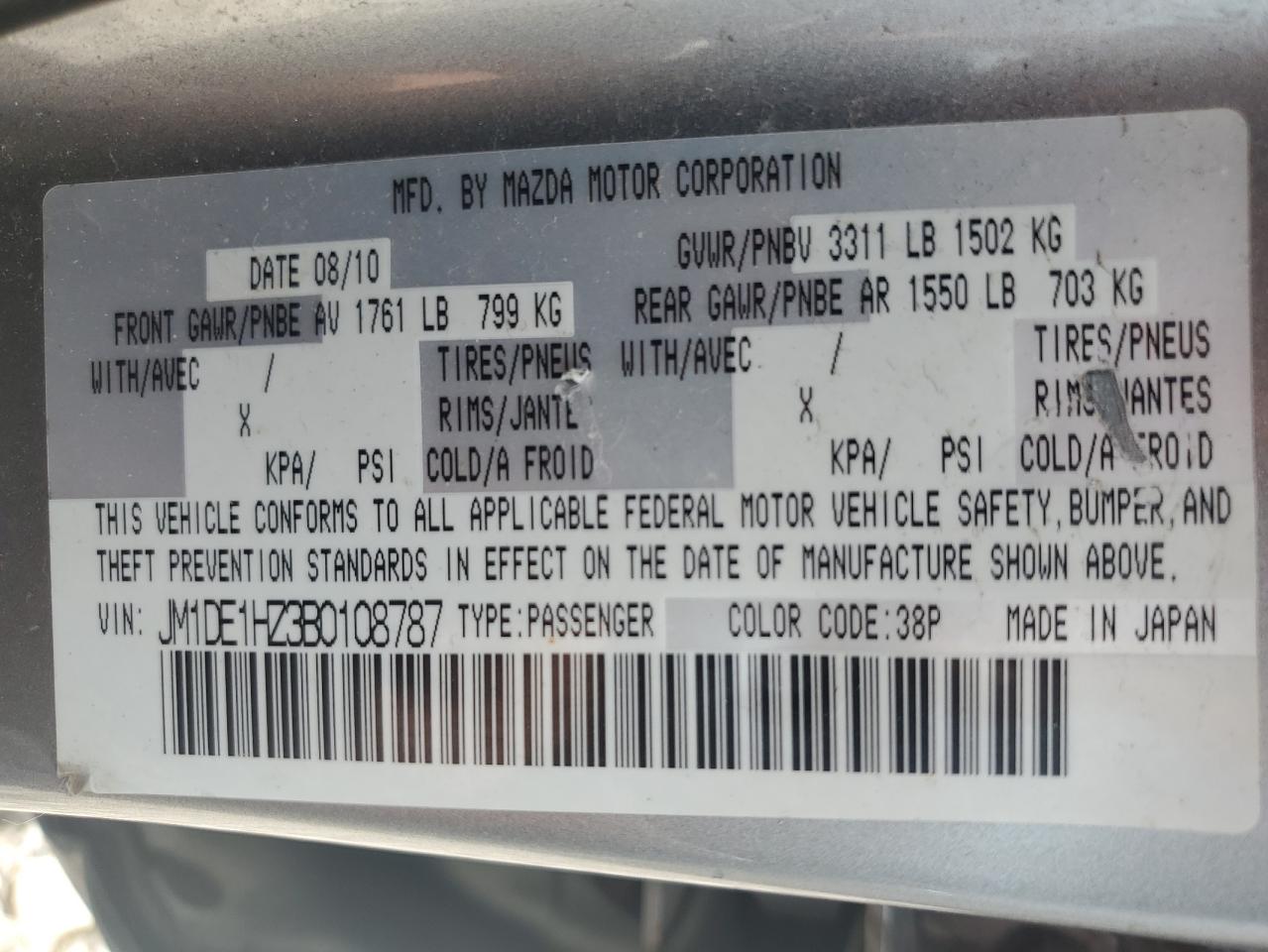 2011 Mazda Mazda2 VIN: JM1DE1HZ3B0108787 Lot: 61560965