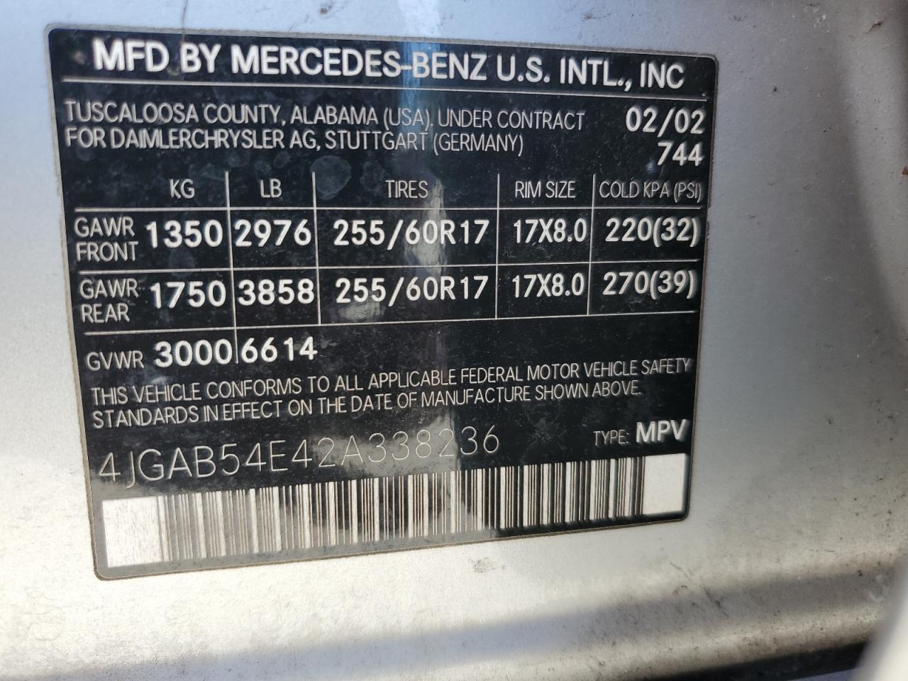 2002 Mercedes-Benz Ml 320 VIN: 4JGAB54E42A338236 Lot: 62933365