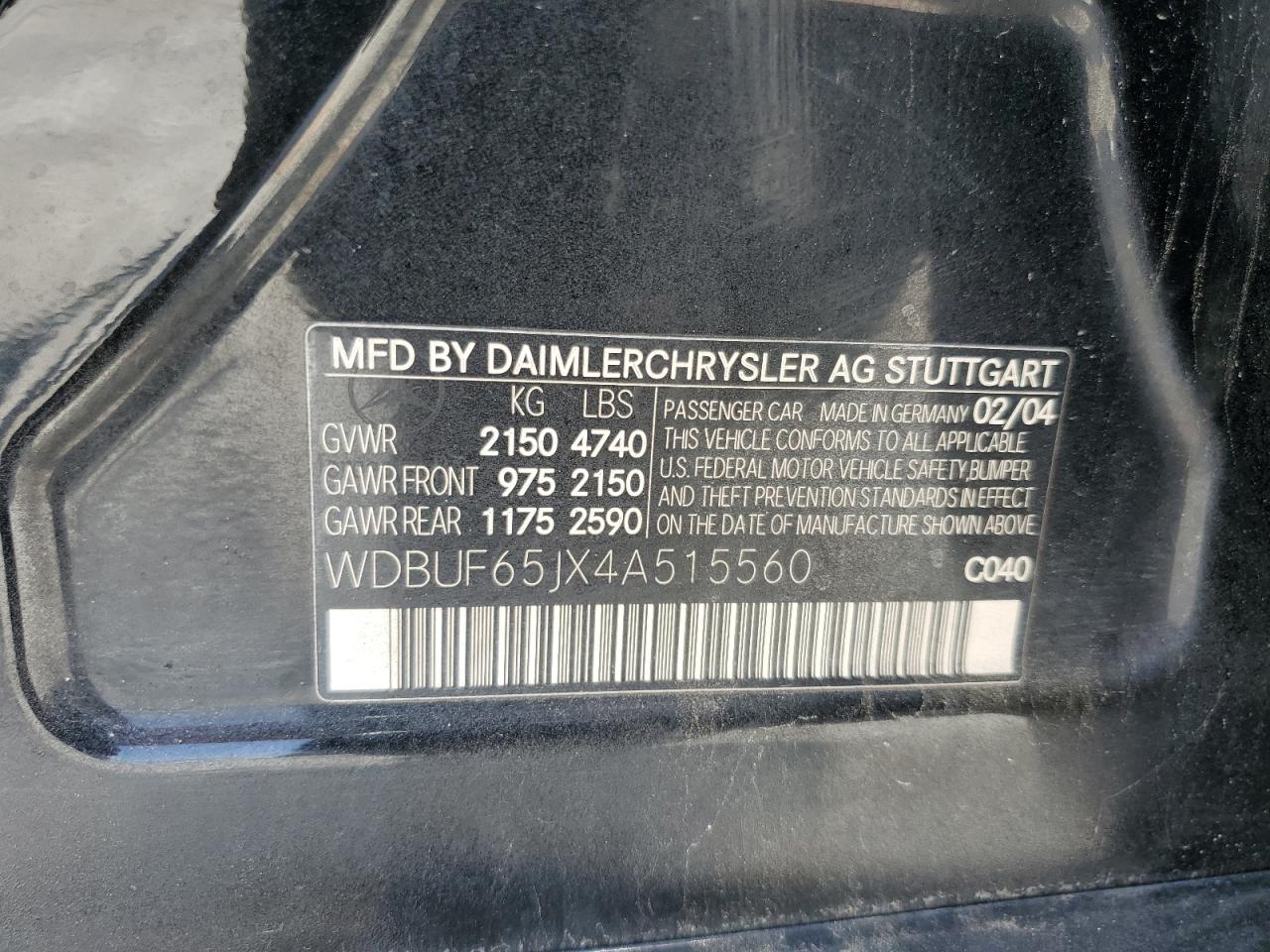 2004 Mercedes-Benz E 320 VIN: WDBUF65JX4A515560 Lot: 61988485
