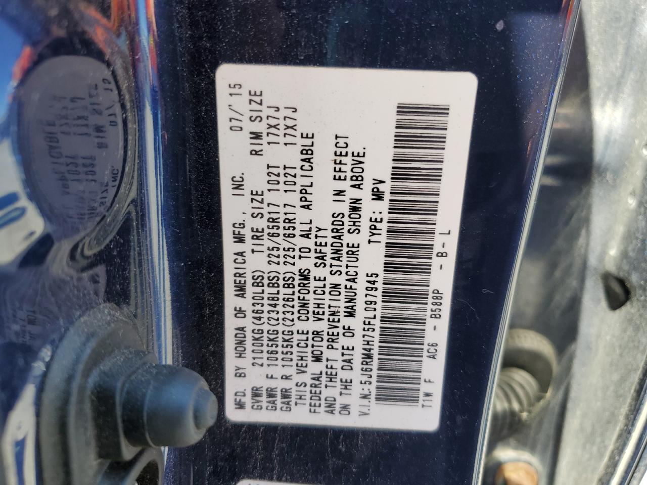 2015 Honda Cr-V Exl VIN: 5J6RM4H75FL097945 Lot: 62728955