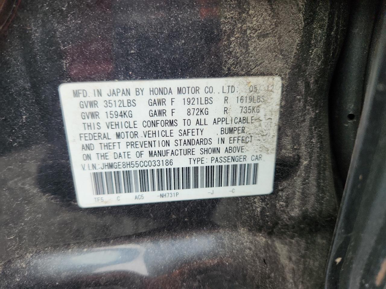 2012 Honda Fit Sport VIN: JHMGE8H55CC033186 Lot: 62259445