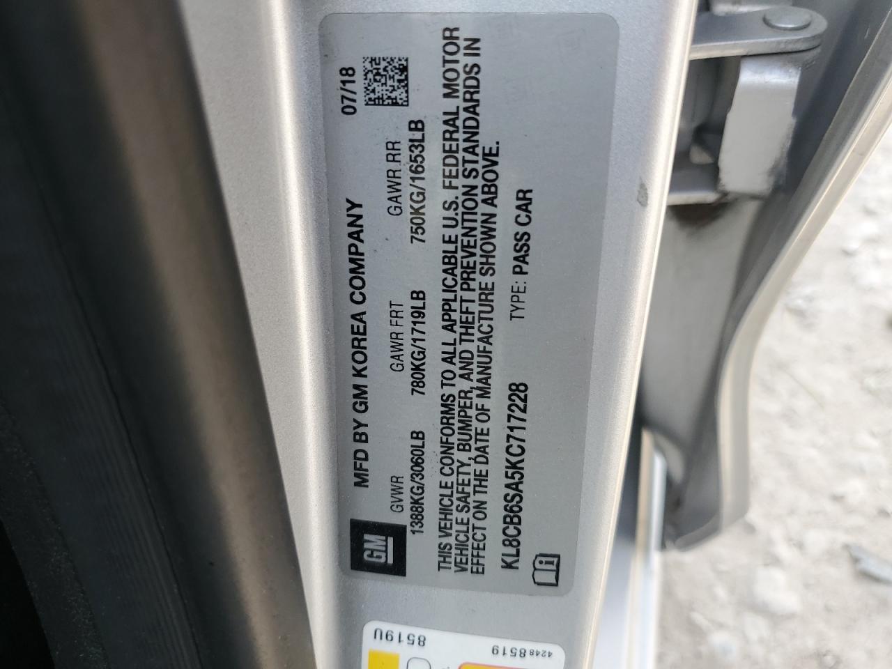 2019 Chevrolet Spark Ls VIN: KL8CB6SA5KC717228 Lot: 62268335
