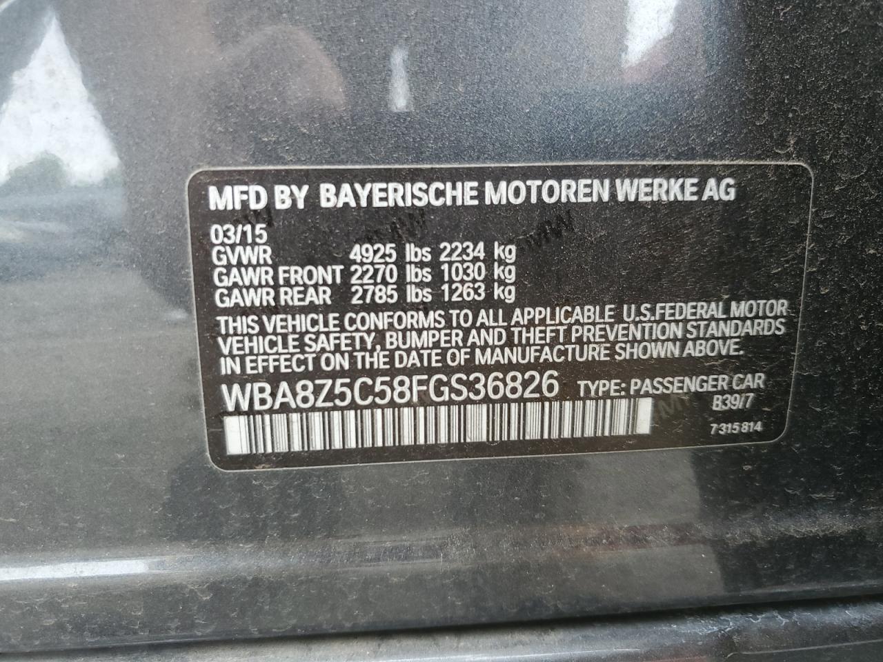 2015 BMW 328 Xigt Sulev VIN: WBA8Z5C58FGS36826 Lot: 62886115