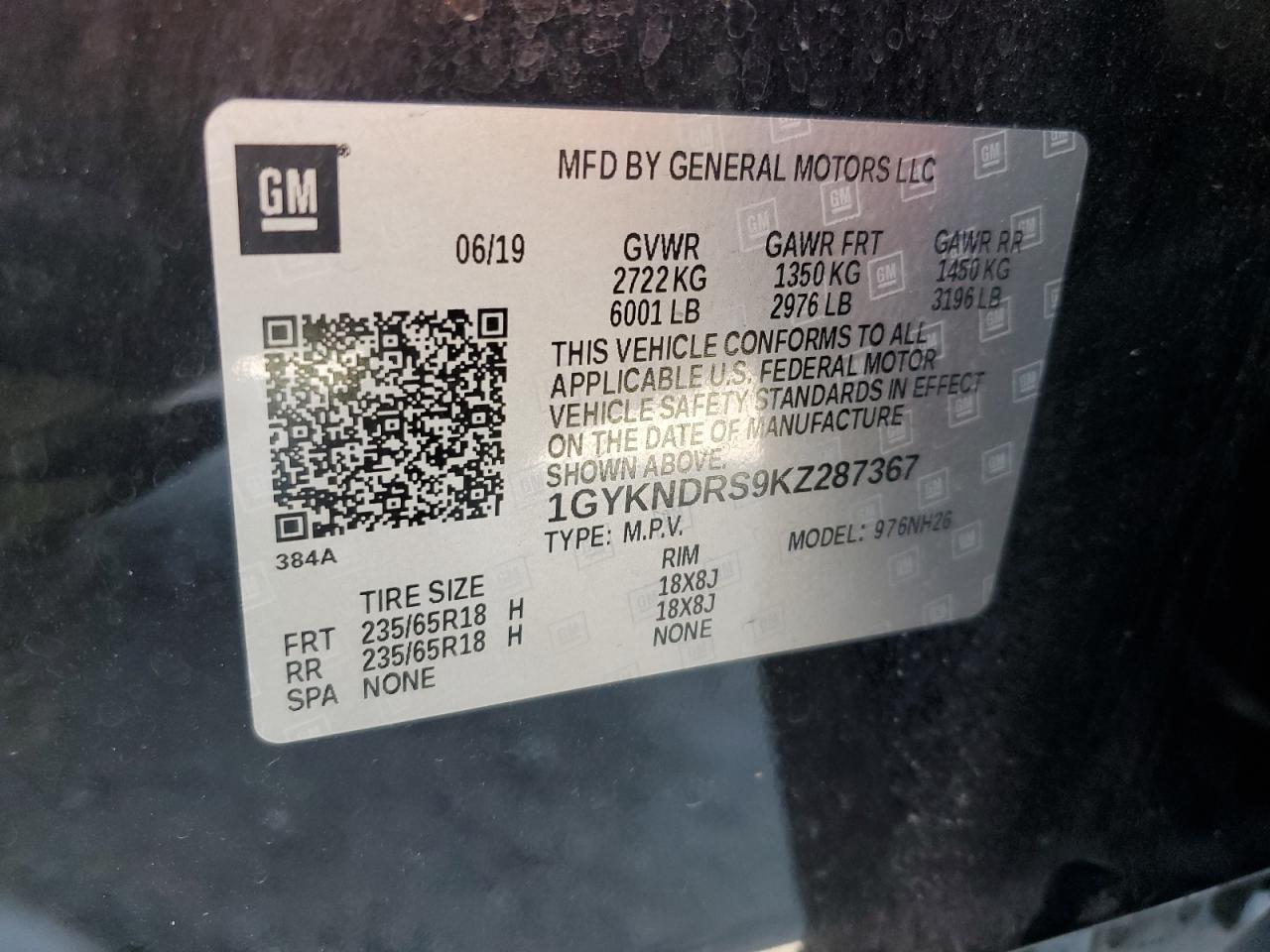 2019 Cadillac Xt5 Luxury VIN: 1GYKNDRS9KZ287367 Lot: 59782755