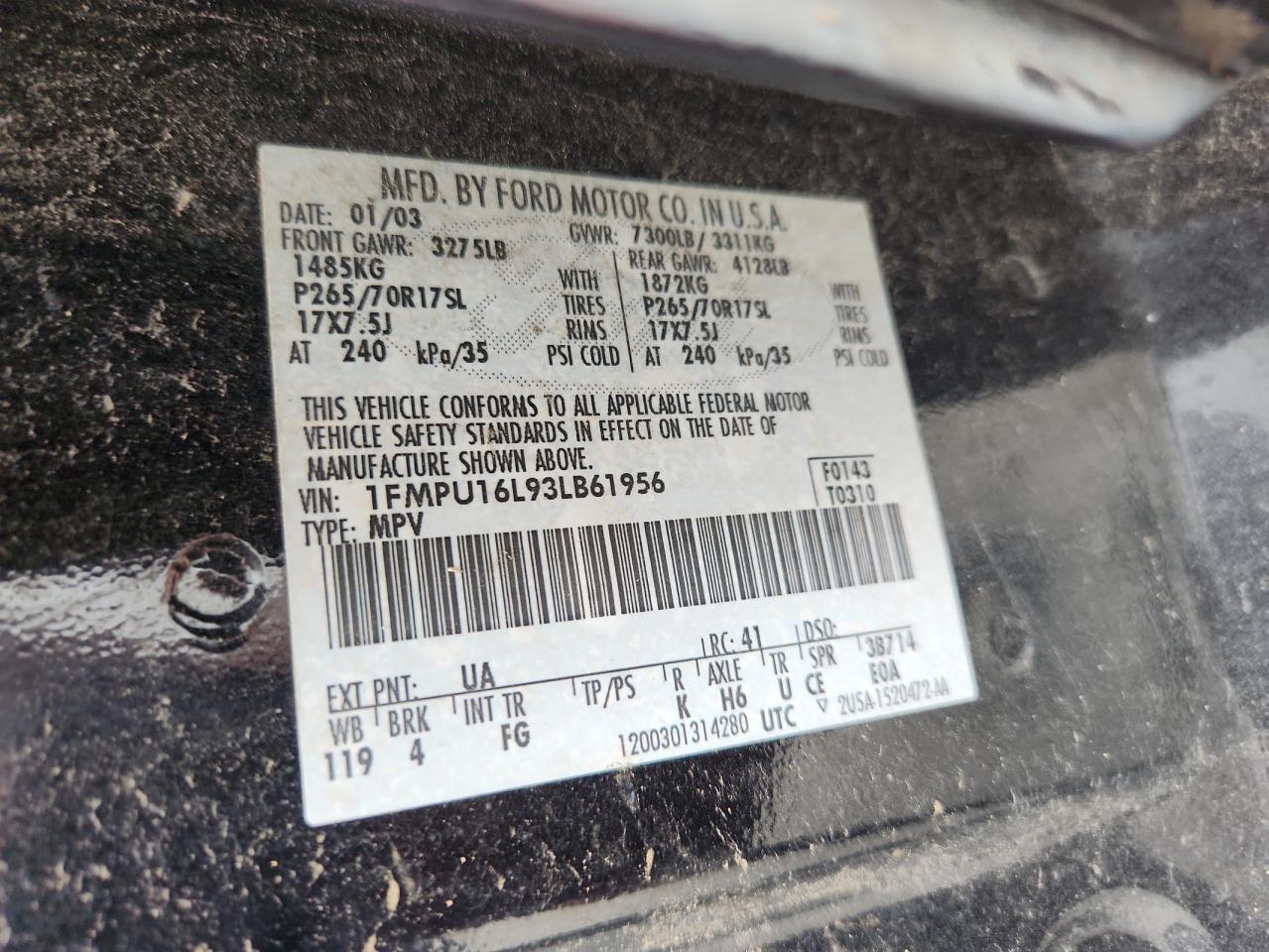 2003 Ford Expedition Xlt VIN: 1FMPU16L93LB61956 Lot: 62904765