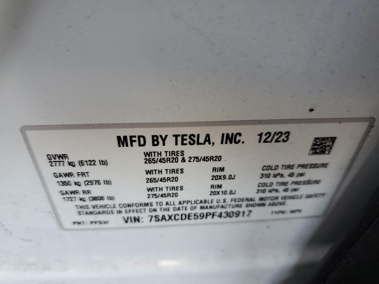 2023 Tesla Model X VIN: 7SAXCDE59PF430917 Lot: 62064755
