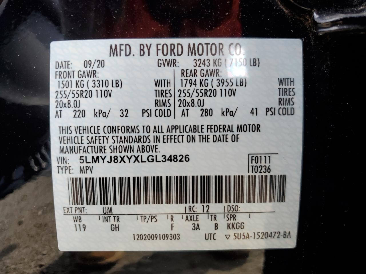 2020 Lincoln Aviator Grand Touring VIN: 5LMYJ8XYXLGL34826 Lot: 60502145