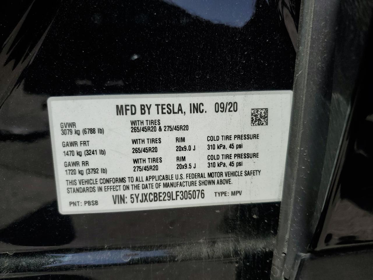 2020 Tesla Model X VIN: 5YJXCBE29LF305076 Lot: 61485655