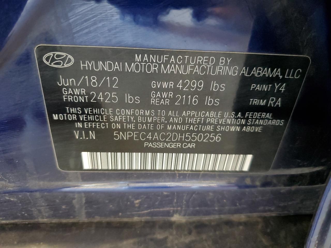 2013 Hyundai Sonata Se VIN: 5NPEC4AC2DH550256 Lot: 62680625