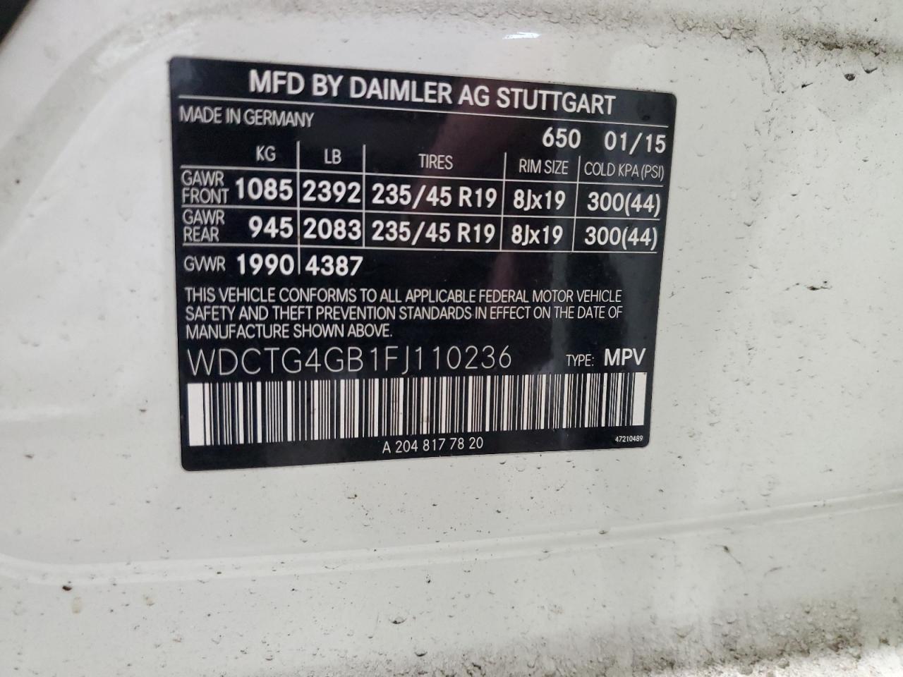 2015 Mercedes-Benz Gla 250 4Matic VIN: WDCTG4GB1FJ110236 Lot: 60098565