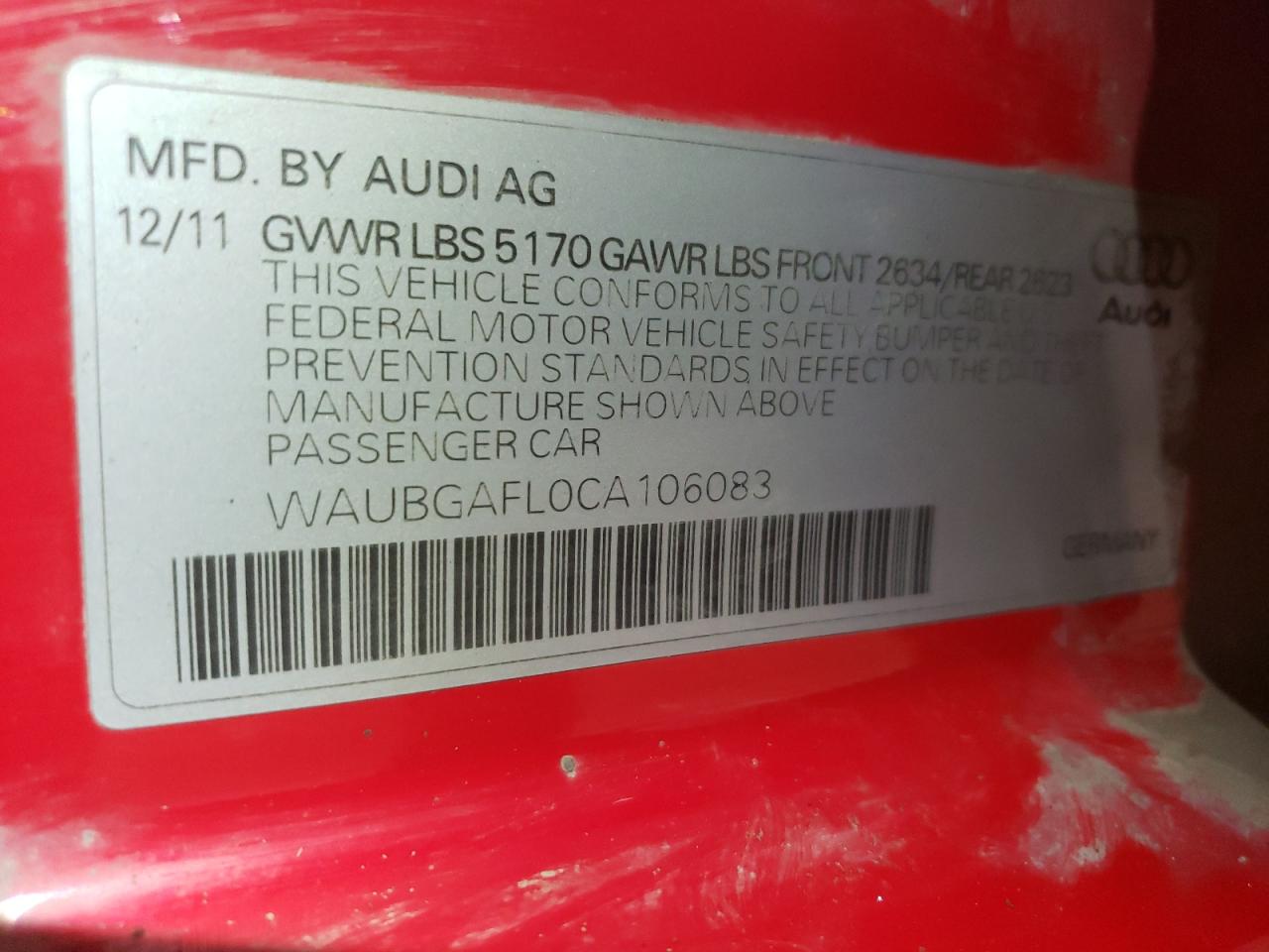 2012 Audi S4 Premium Plus VIN: WAUBGAFL0CA106083 Lot: 59405415