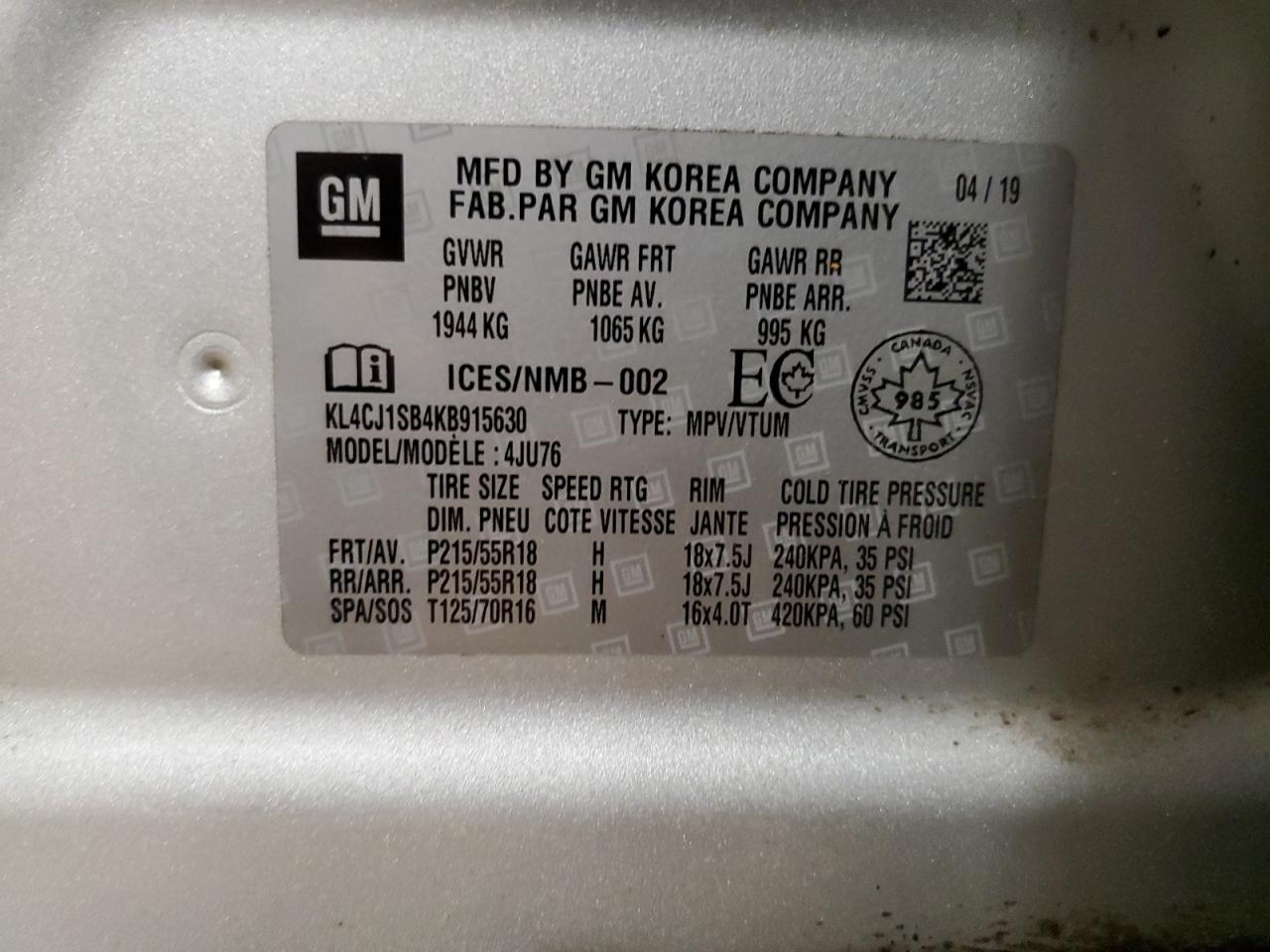 2019 Buick Encore Sport Touring VIN: KL4CJ1SB4KB915630 Lot: 62095315