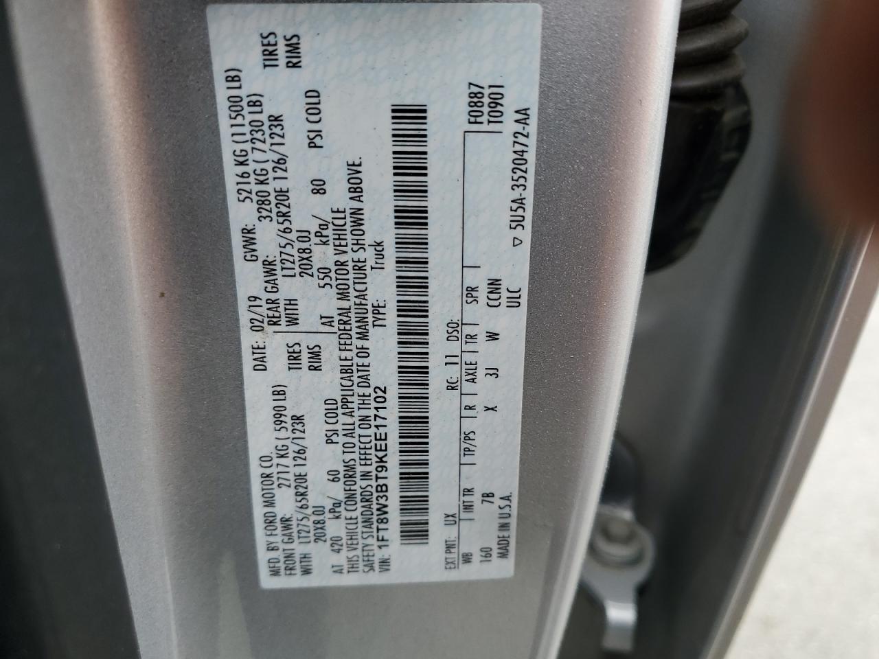 2019 Ford F350 Super Duty VIN: 1FT8W3BT9KEE17102 Lot: 59201355