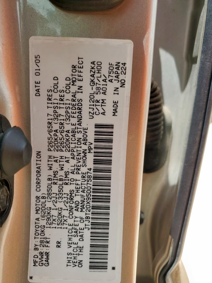 2005 Lexus Gx 470 VIN: JTJBT20X950075874 Lot: 62884405