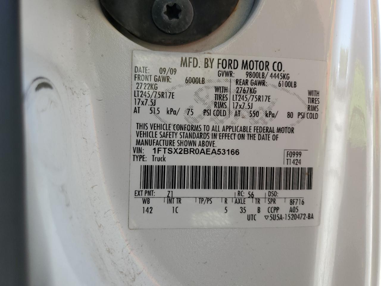 2010 Ford F250 Super Duty VIN: 1FTSX2BR0AEA53166 Lot: 61913485