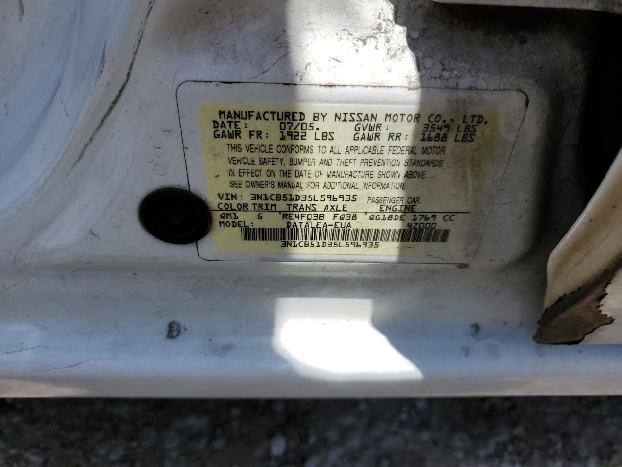 2005 Nissan Sentra 1.8 VIN: 3N1CB51D35L596935 Lot: 61011295